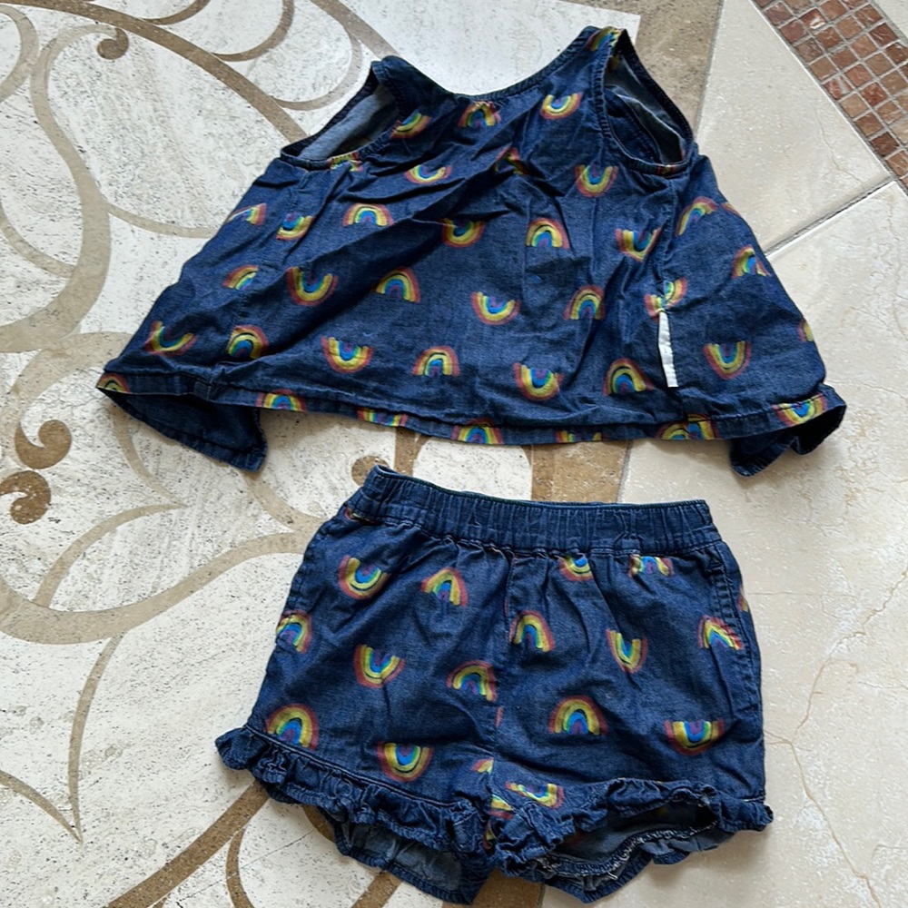 Worn once denim material w rainbows
